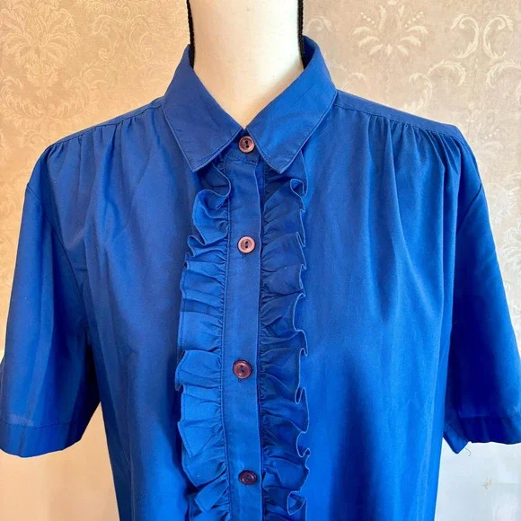 Roaman's Blouse Women's XL Blue Ruffle Front Short Sleeve Button Up Professional - Picture 3 of 10